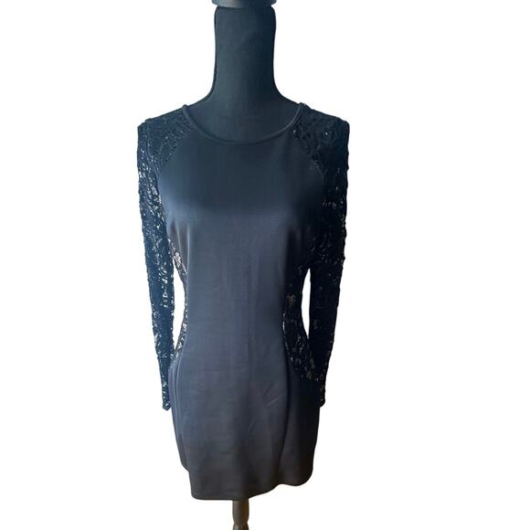 BCX Black Lace Long Sleeve Mini Dress w/ Nude Side Lining – Size 13 - Picture 1 of 8